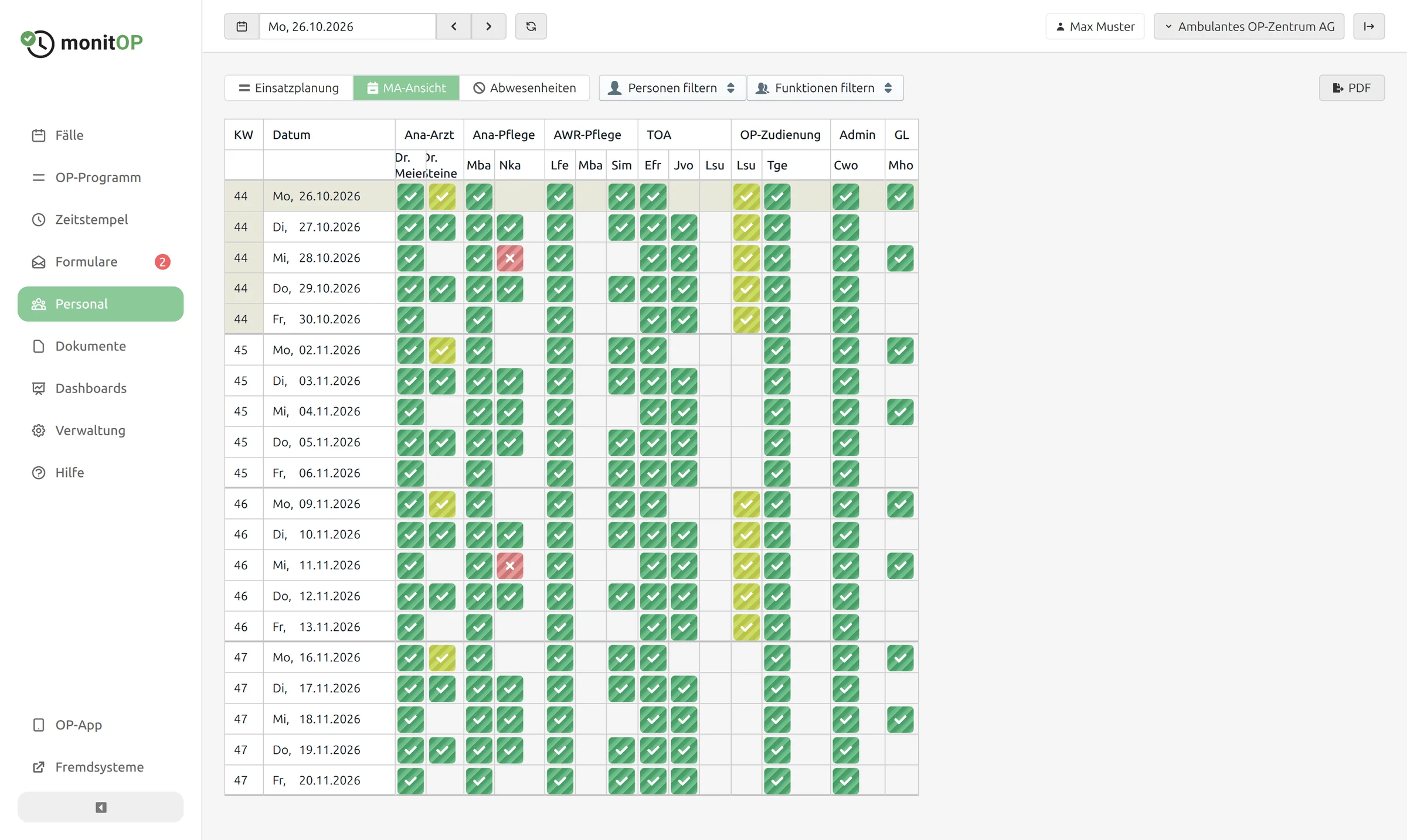 Staff view: the assignments of each person over several weeks at a glance